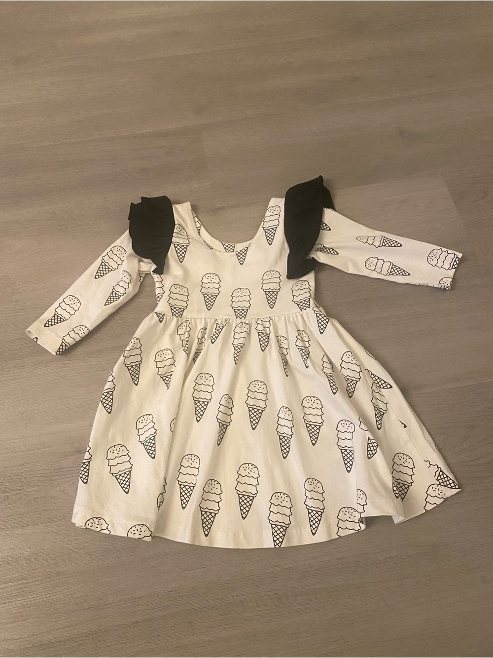 Girls Cream Ice Cream Print Dress with Black Ruffle Shoulders